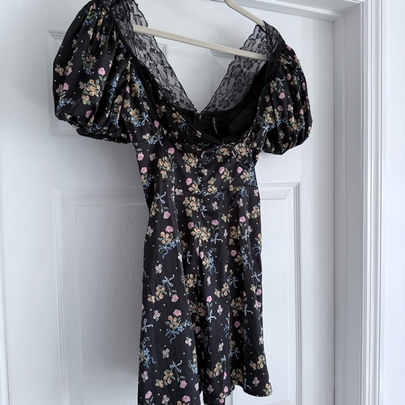 For Love & Lemons Floral Satin Mini Dress XS Lace Puff Sleeve Retail $239 - Picture 7 of 15